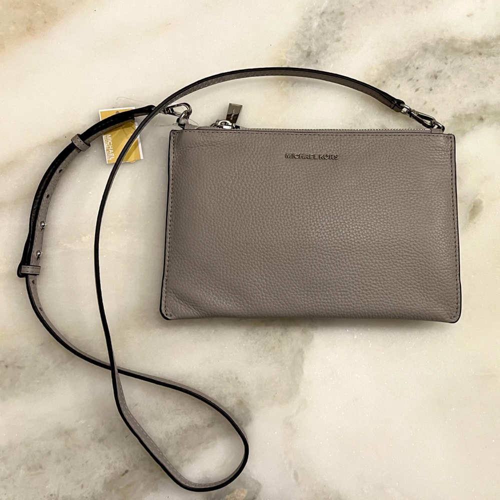 NWT Grey Leather Michael Kors Jet Set Large Double Pouch Crossbody bag
